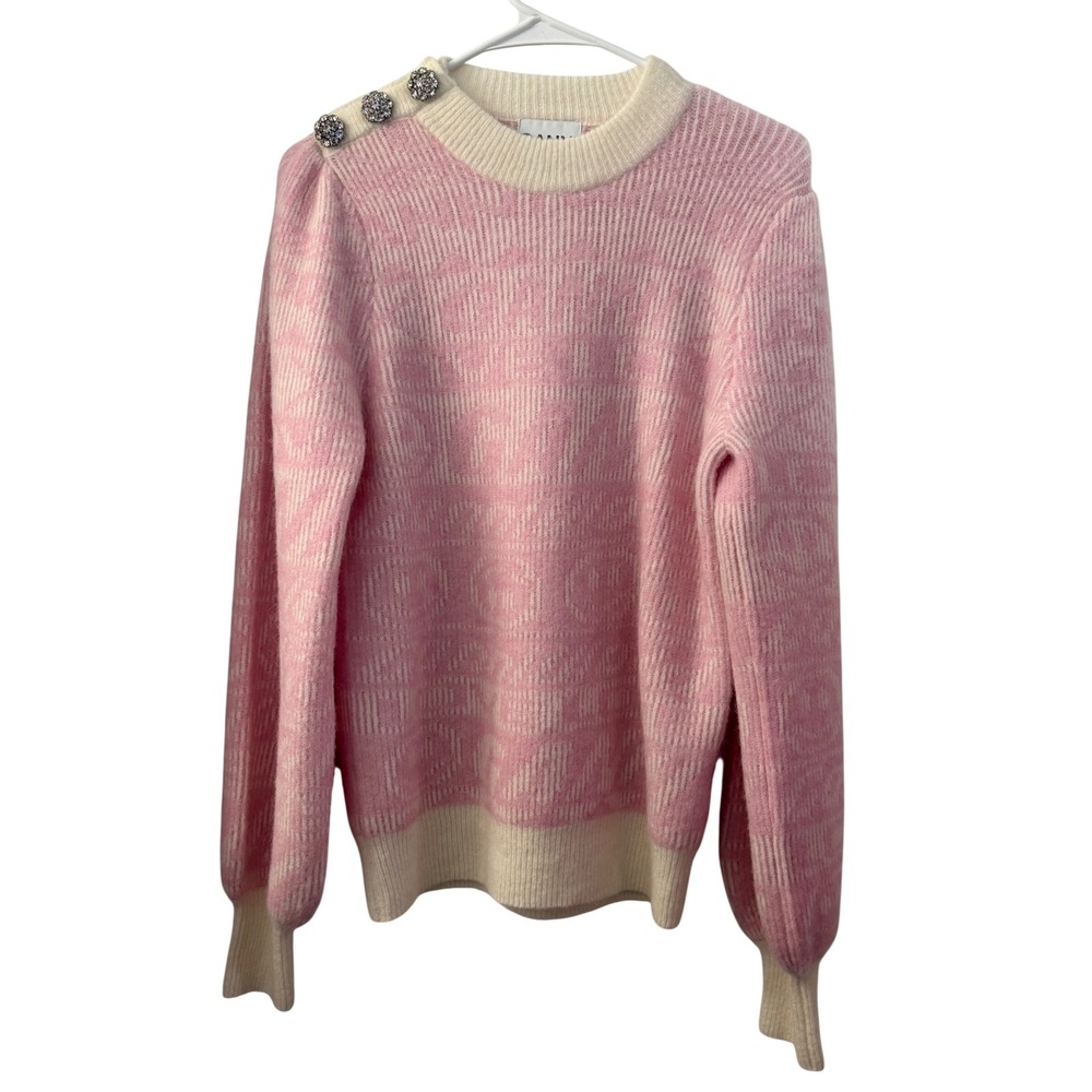 Ganni Pink Cream Logo Alpaca Merino Wool Crystal Button Sweater Medium Cozycore